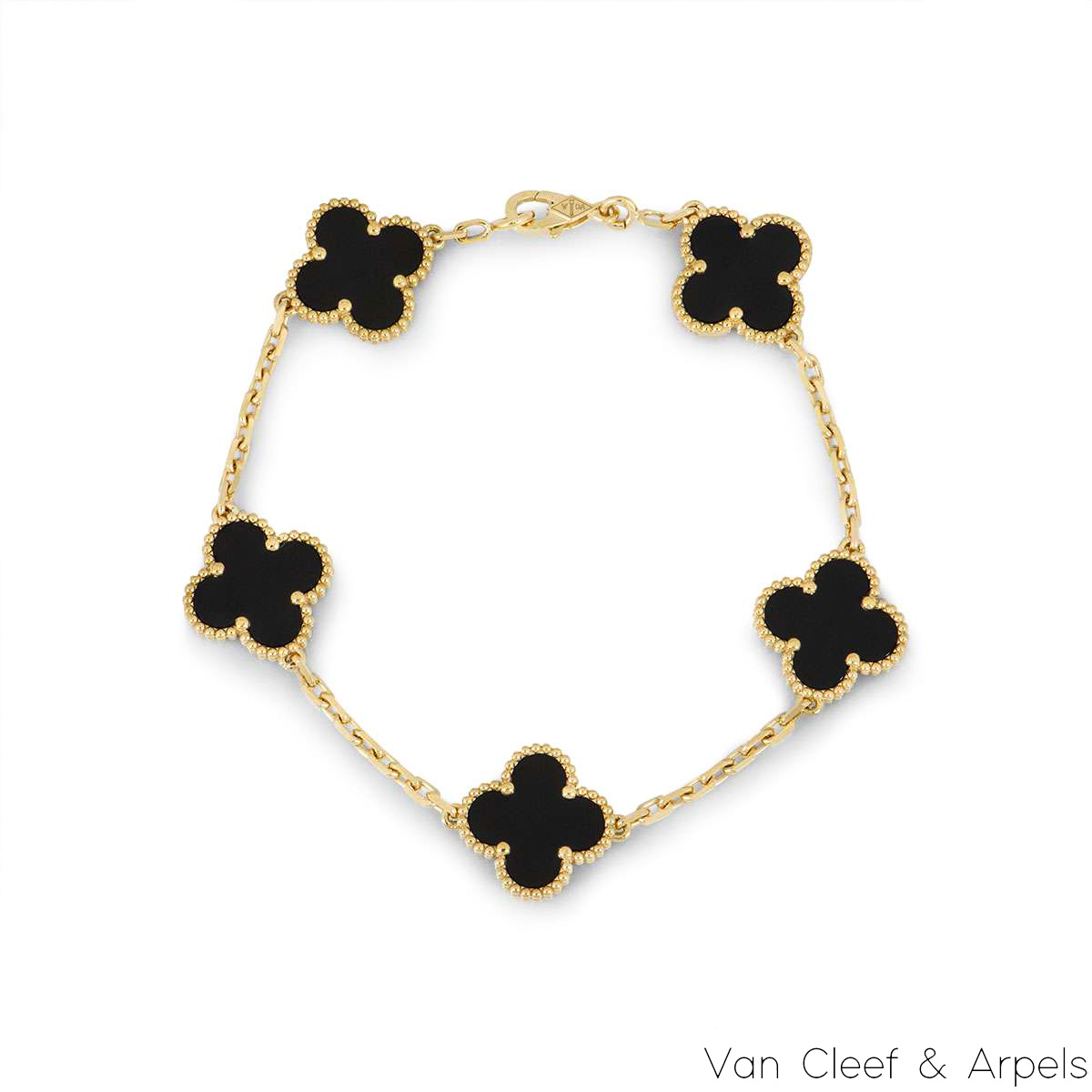 Van Cleef & Arpels Yellow Gold Onyx Vintage Alhambra 5 Motif Bracelet VCARA41300 Van Cleef & Arpels Yellow Gold Onyx Vintage Alhambra 5 Motif Bracelet VCARA41300